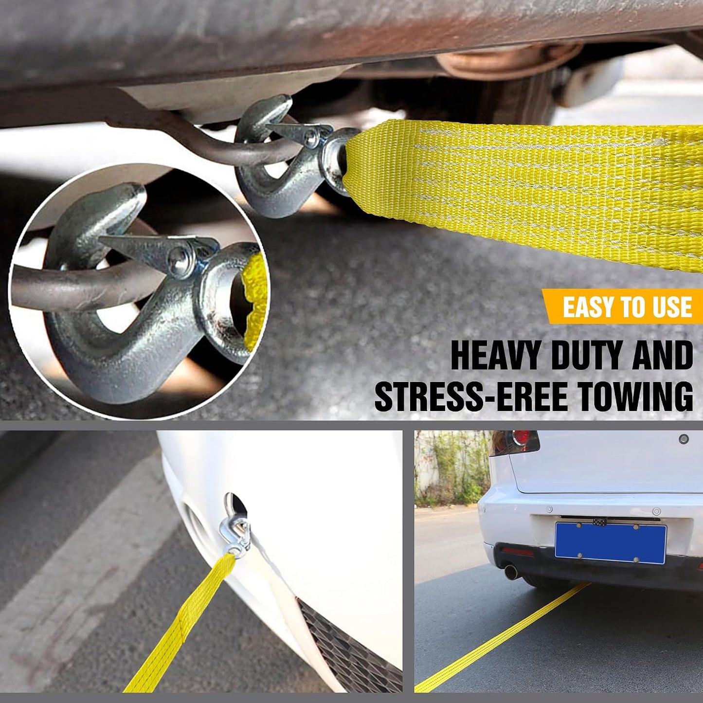 Tow Strap with Hooks 2”x20’ 15,000 LBS, Tow Rope Metal Safety Hooks, Car Heavy Duty Recovery Rope for Trailers, Securing Items, and Farm Cleaning