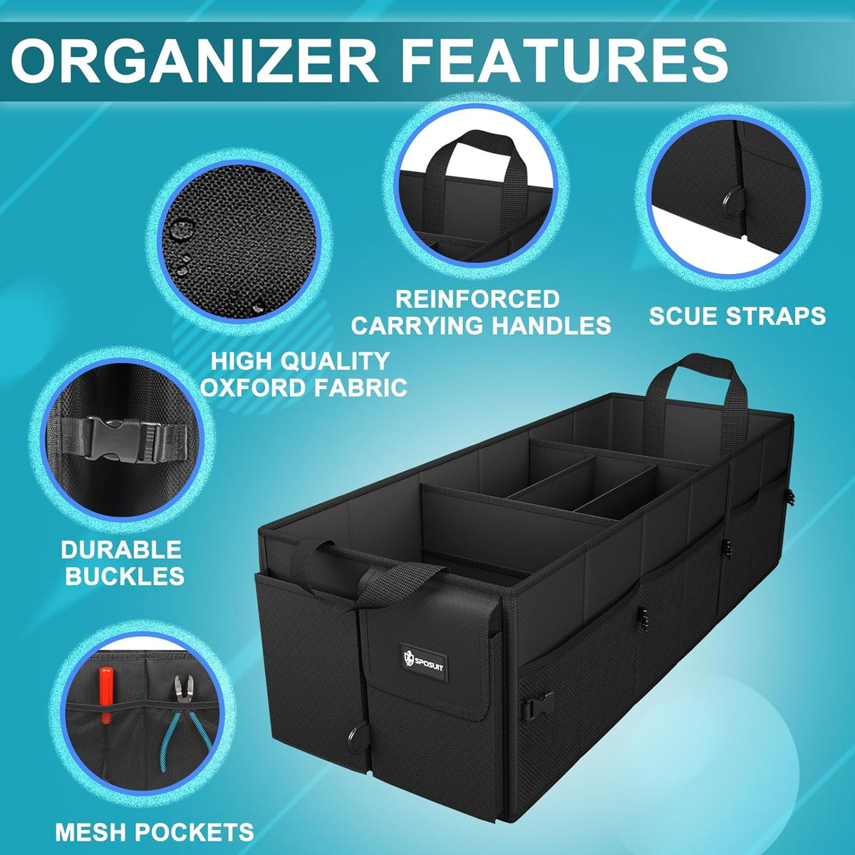 Sposuit Trunk Organizer for Car - 70L Collapsible Car Storage with 11 Pockets & Reinforced Handles, SUV Trunk Organizers for Grocery Cargo(Black)
