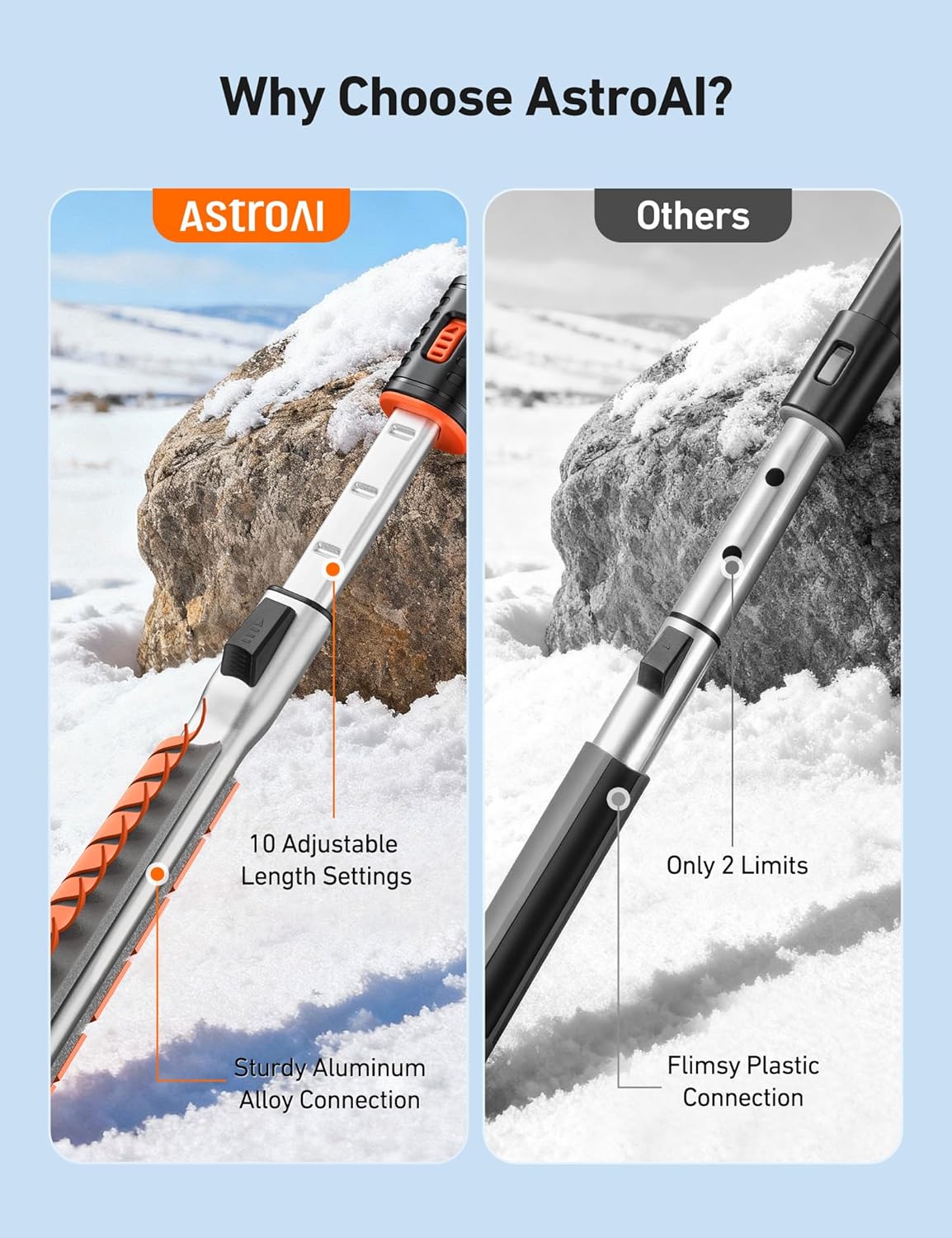 AstroAI 47.2" Ice Scrapers for Car Windshield, 3 in 1 Sturdy Snow Brush with Squeegee, 10 Adjustable Length Settings, Extendable Aluminum Handle, 180° Pivoting Snow Scraper for Car, Truck, SUV(Blue)