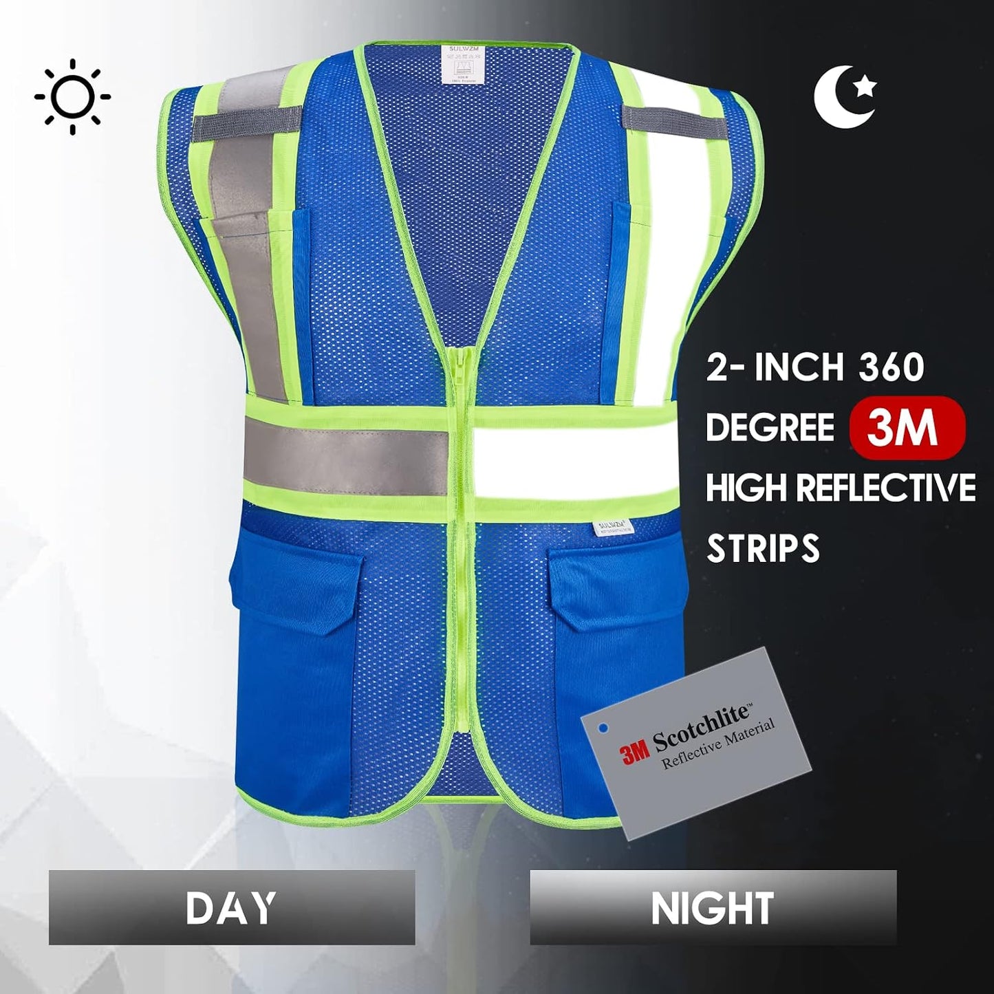 High Visibility Reflective Safety Vest with Zipper and Pockets Orange,M