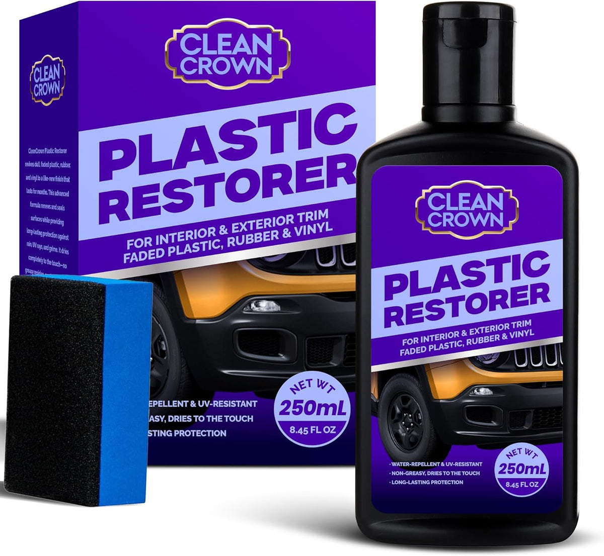 Plastic Restorer for Cars (8.45 fl oz), User Friendly Car Trim Restorer, Quick Plastic Trim Restorer with Free Sponge Applicator, Restores Faded Car Plastics, Bumpers & Against UV Rays