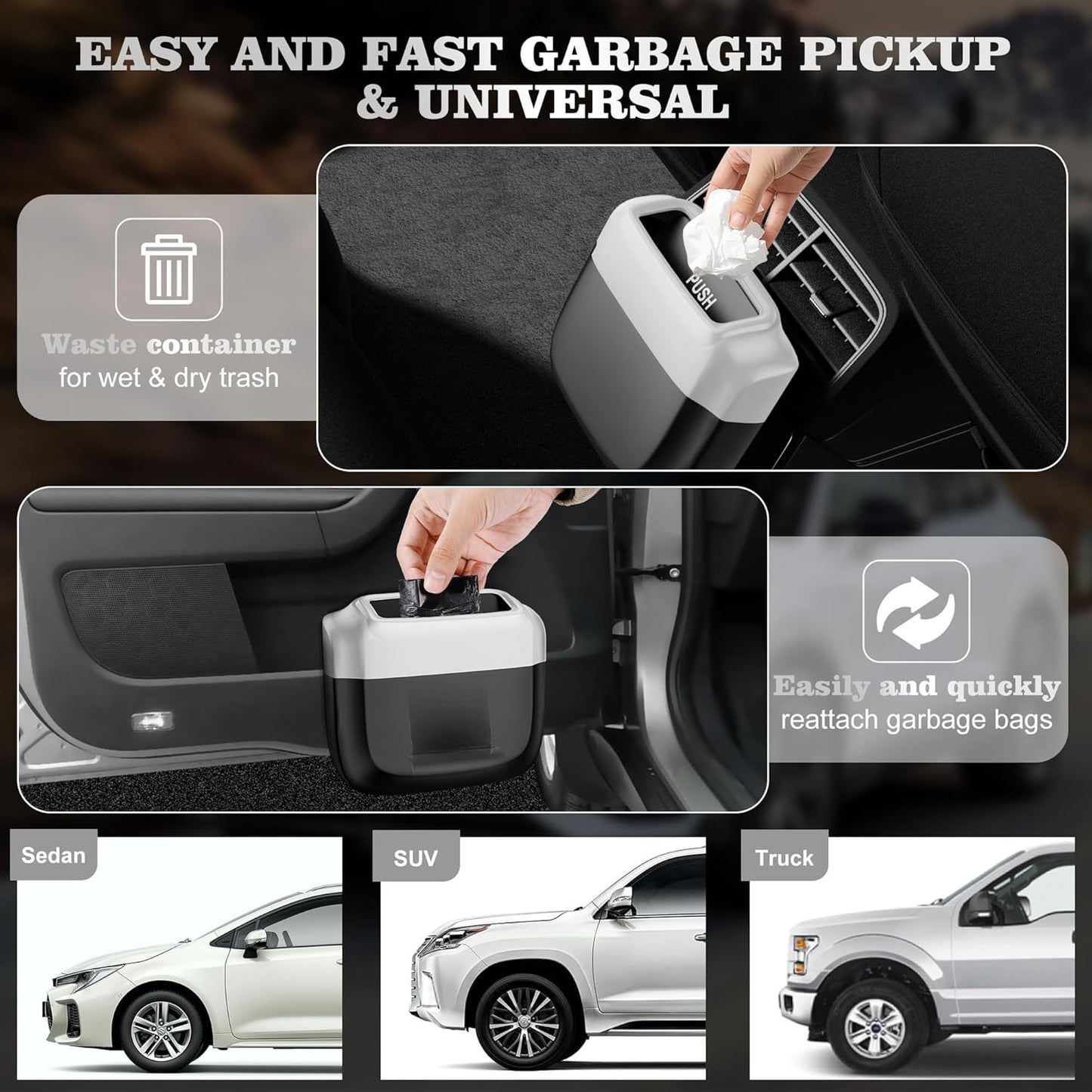 2 Packs Car Trash Can with Lid，Built-in Storage Garbage Bag，Leakproof Vehicle Trash，Car Accessories for Interior,Mini Garbage Bin for Automotive, Office, Kitchen,Bedroom，with 60pcs Trash Bags