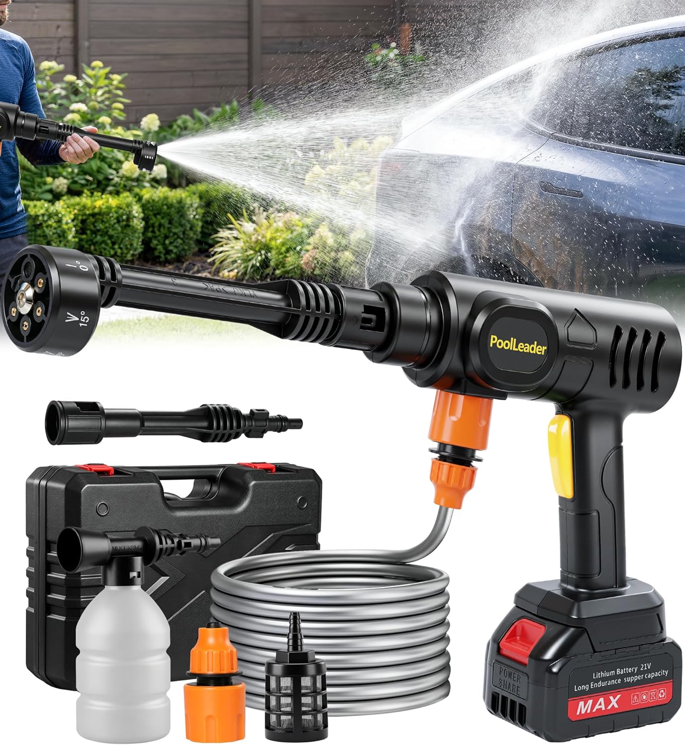 PoolLeader Cordless Car Washing Tool, Portable Vehicle Cleaner with 6-in-1 Nozzle & Foam Cannon, Battery Operated Cordless Car Wash Spray, Handheld Wash Machine for Car, Patio, Home - Lime Green