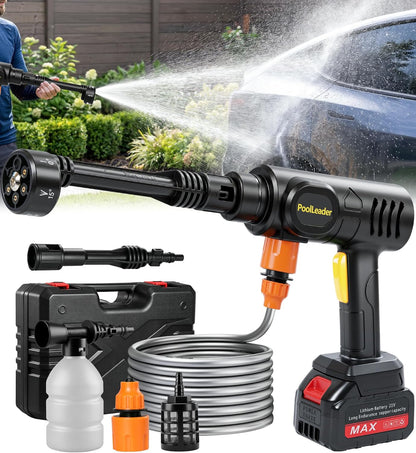 PoolLeader Cordless Car Washing Tool, Portable Vehicle Cleaner with 6-in-1 Nozzle & Foam Cannon, Battery Operated Cordless Car Wash Spray, Handheld Wash Machine for Car, Patio, Home - Lime Green