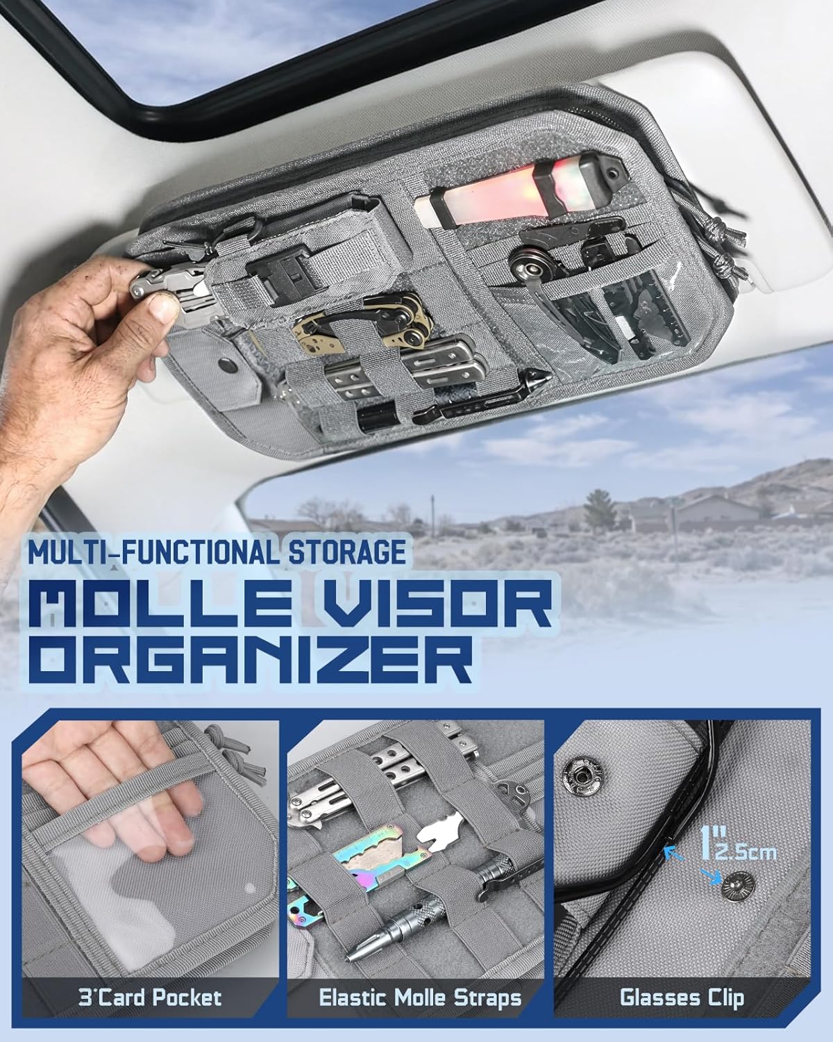 Molle Car Sun Visor Organizer with Zipper Storage Pouch & Glasses Holder, Auto Semi-Rigid MOLLE Panel for Police Gear & Overland Accessories, Fit Most Cars, Trucks, Patrols & Vans