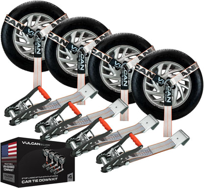 VULCAN Car Tie Down with Flat Hooks - Lasso Style - 2 Inch x 96 Inch - 4 Pack - Silver Series - 3,300 Pound Safe Working Load