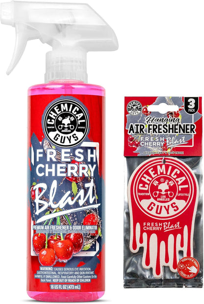 Chemical Guys New Car Scent Air Freshener and Odor Eliminator, 16 fl oz with 3 Pack of Hanging Air Fresheners (Great for Cars, Trucks, SUVs, RVs, Home, Office, Dorm Room & More) - HOL459