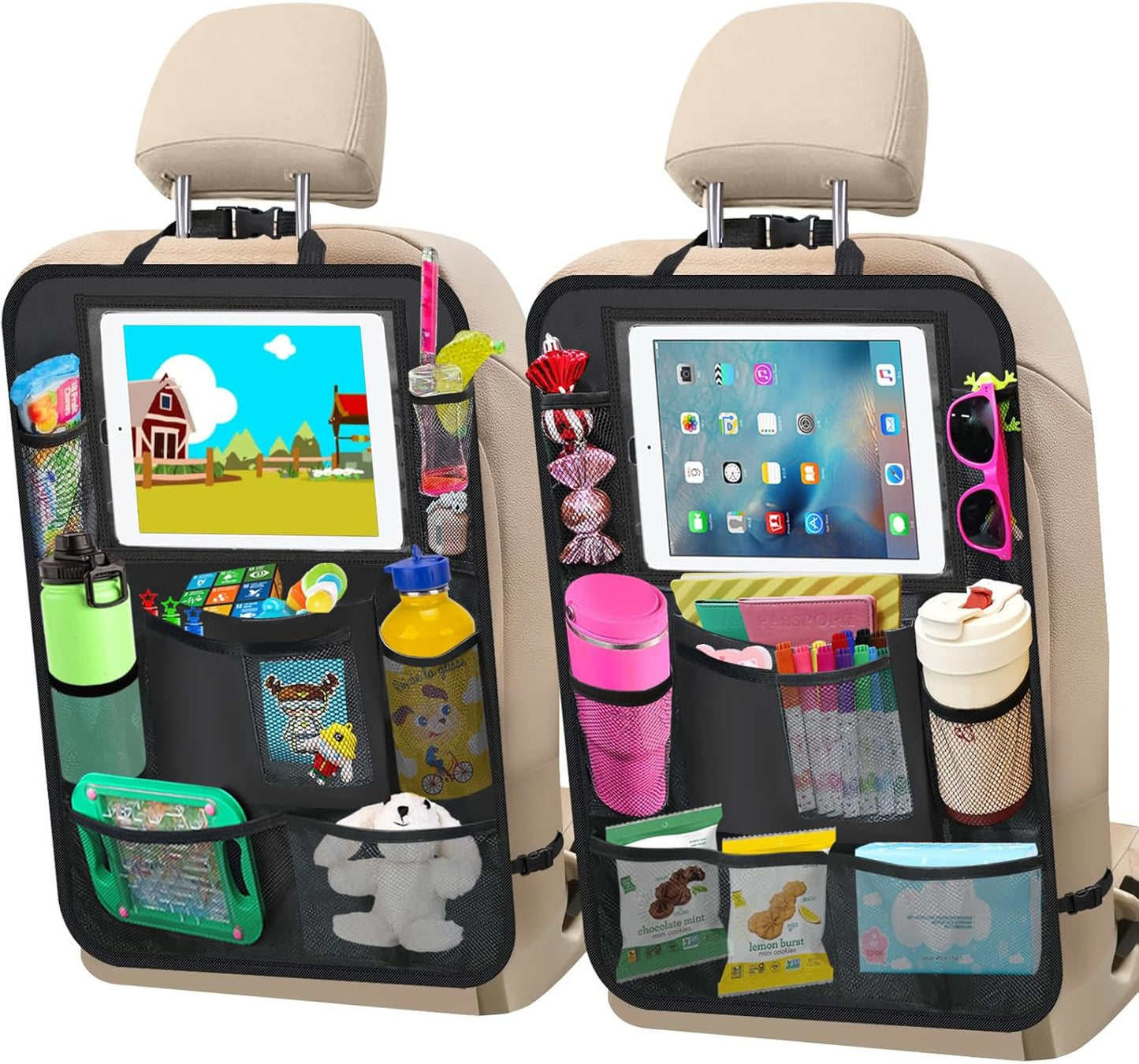 2Pack Car Backseat Organizer with Foldable Table Tray,6 Storage Pockets Car Storage Organizer with Tablet Holder,Car Seat Back Protectors Kick Mats Travel Accessories (Black)