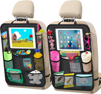 2Pack Car Backseat Organizer with Foldable Table Tray,6 Storage Pockets Car Storage Organizer with Tablet Holder,Car Seat Back Protectors Kick Mats Travel Accessories (Black)