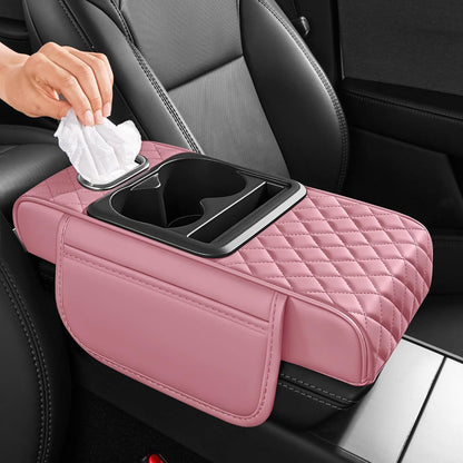 5 in 1 Car Center Console Cover, Armrest Pad with 2 Storage Pockets, Cup Holder, Tissue Slot, Phone Holder, Nappa Leather Memory Foam Car Accessories for SUV Sedan Truck (Black)