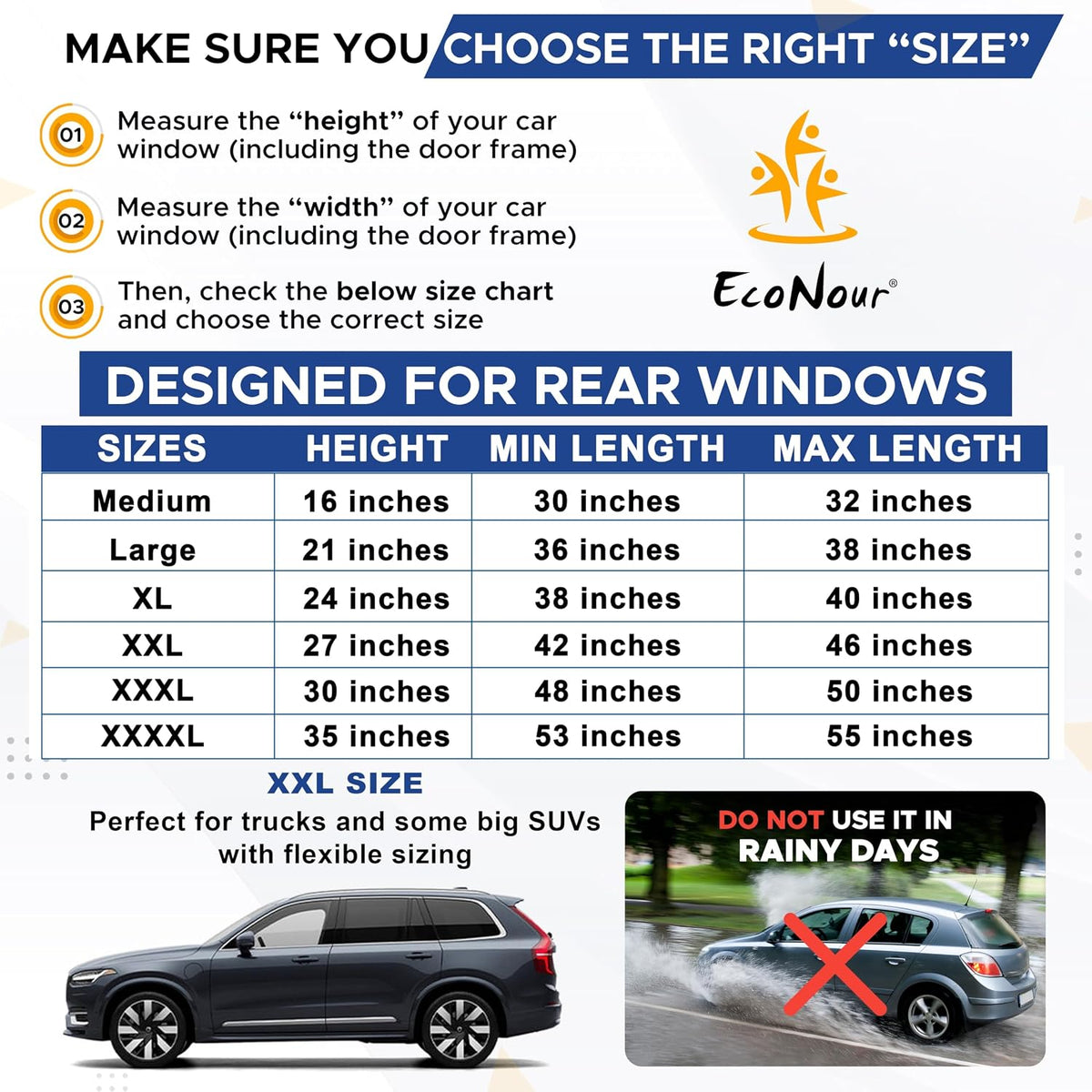 EcoNour Car Window Shades for Side Windows (Pack of 2) | Sun Shade for Car Heat and UV Protection | Adjustable Elastic Fabric Baby Car Shade | Rear Side Window Sun Shade Accessories (Large 21"x36")