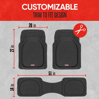 Motor Trend FlexTough 4-Piece Heavy Duty Floor Mats for Cars Trucks SUVs, Automotive Floor Mats Car Mats Full Set Front, Rear & Cargo, Trim-To-Fit Semi-Custom Deep Dish All Weather Rubber Mats - Black