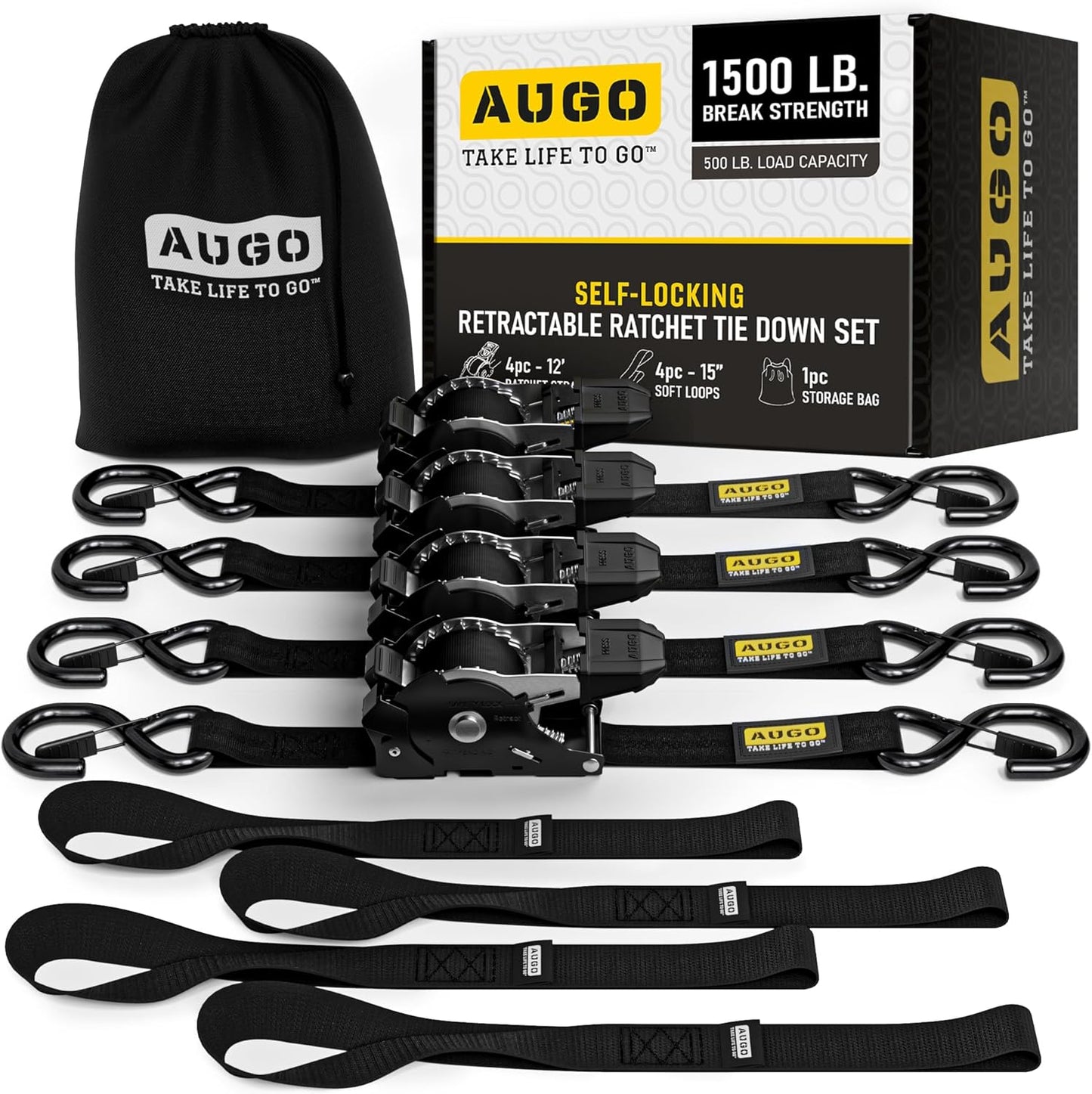 AUGO Ratchet Straps Heavy Duty 4 Pack -15 FT - 2200 LB Break Strength – with Safety Lock S Hooks - Cargo Straps for Moving, Appliances, Motorcycle – Soft Loop Tie Down Straps