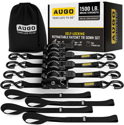 AUGO Ratchet Straps Heavy Duty 4 Pack -15 FT - 2200 LB Break Strength – with Safety Lock S Hooks - Cargo Straps for Moving, Appliances, Motorcycle – Soft Loop Tie Down Straps
