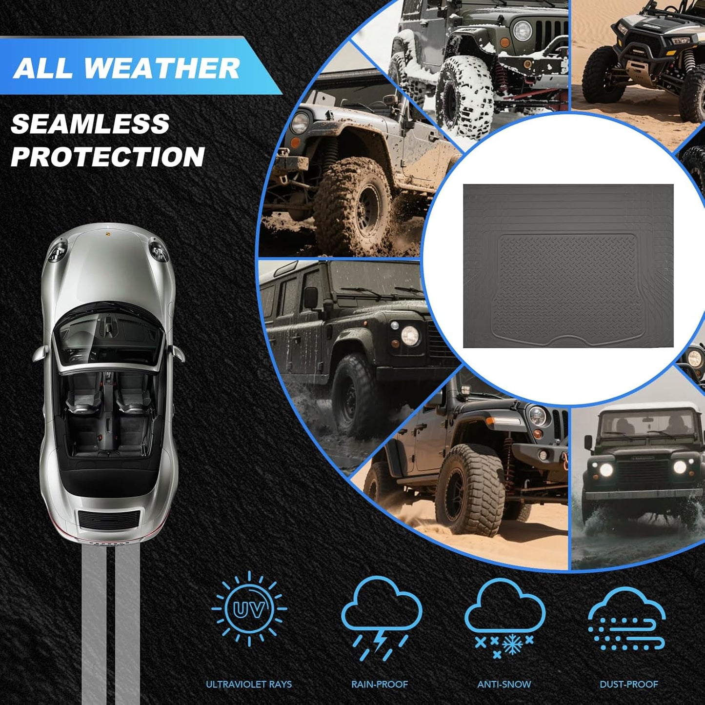 PIC AUTO Heavy Duty Cargo Liner, Trimmable All-Weather Rubber Trunk Mat for Cars, SUVs, Vans & Trucks, Anti-Slip Backing, Durable Protection, Large, Black