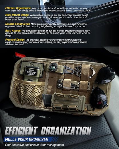 WYNEX Molle Car Sun Visor Organizer, Car Accessories with Zip Storage Pouch & Glasses Holder, Semi-Rigid Molle Panel with Patch for Tactical Gears, Fits Most Cars, Trucks, Pickups, Patrols