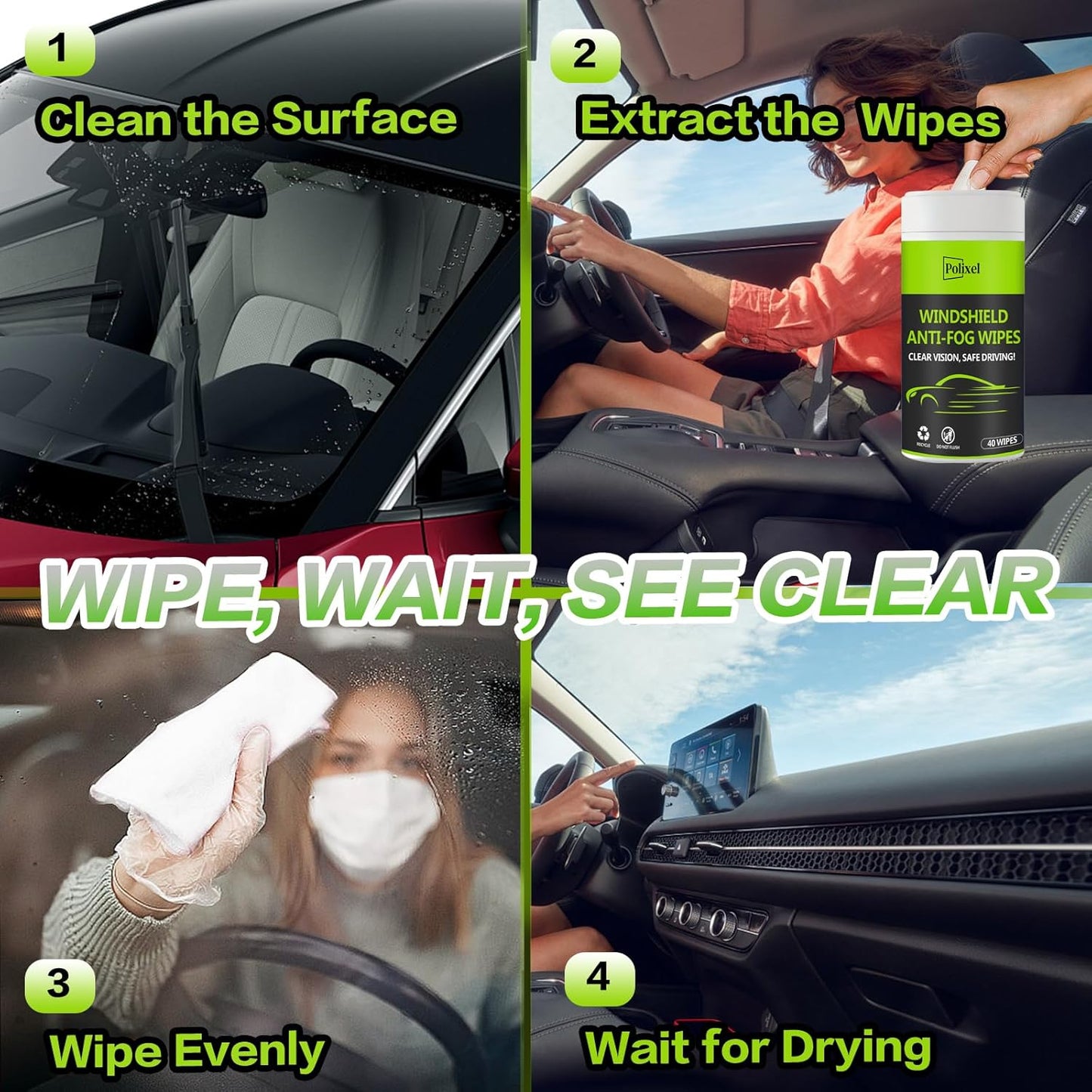 Glass Anti-Fog Wipes Pre-moistened Quick Antifog Defogger Prevent Fogging on Car Windshield, Mirror, Shower Door, Window, Helmets, Goggles Resealable Bottle Pack - 40 Wipes