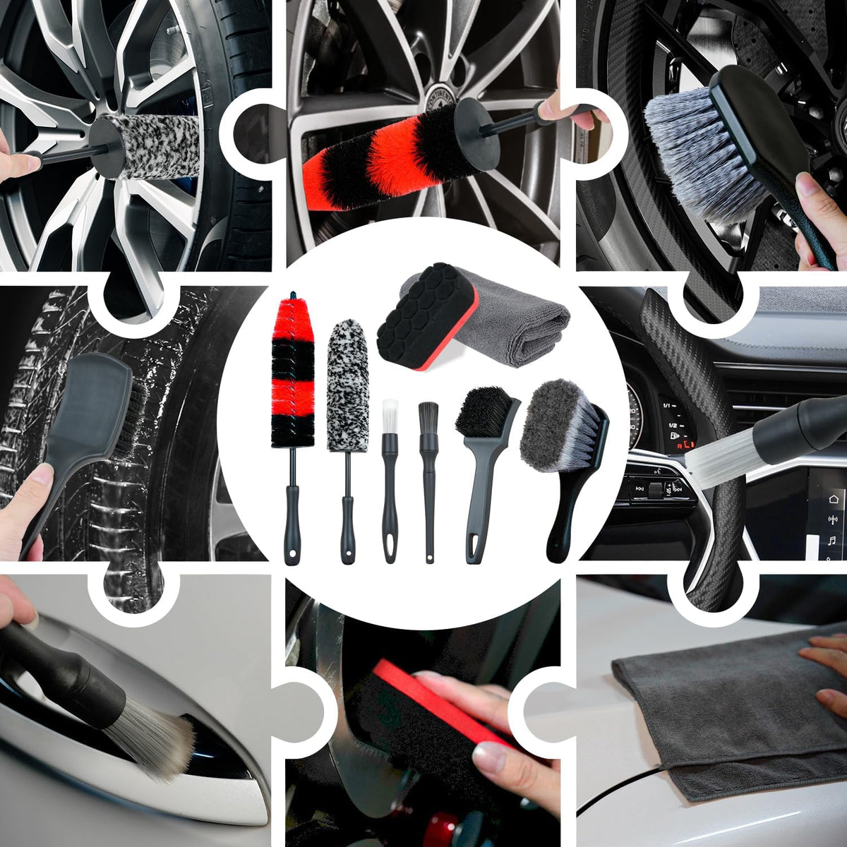 9Pcs Car Wheel Detailing Brush Kit – Scratch-Free Rim & Tire Cleaner Brushes with Tire Shine Pad, Microfiber Towel & Bag – Heavy-Duty Auto Detailing Tools for Cars, Trucks, RVs & Motorcycles