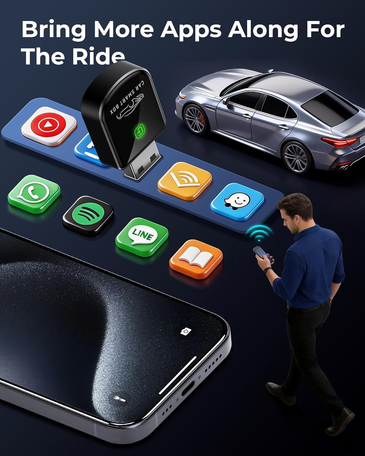 Wireless Carplay Adapter for iPhone Latest Upgrade, Tiny Bluetooth Dongle Convert Wired to Wireless for Apple Car Play Plug & Play, Zero-Lag Auto-Connect GPS Works With 2016+ Car(Ebony Black)