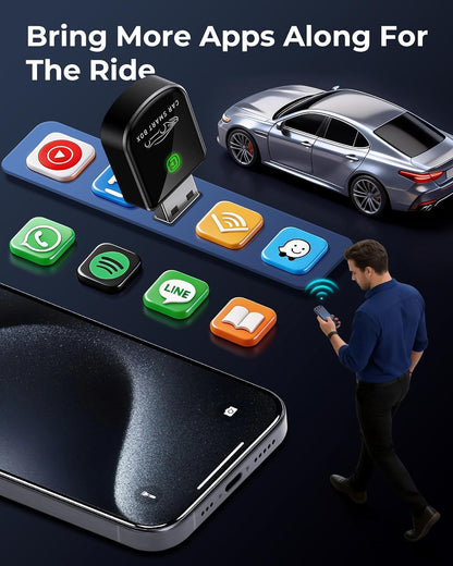 Wireless Carplay Adapter for iPhone Latest Upgrade, Tiny Bluetooth Dongle Convert Wired to Wireless for Apple Car Play Plug & Play, Zero-Lag Auto-Connect GPS Works With 2016+ Car(Ebony Black)