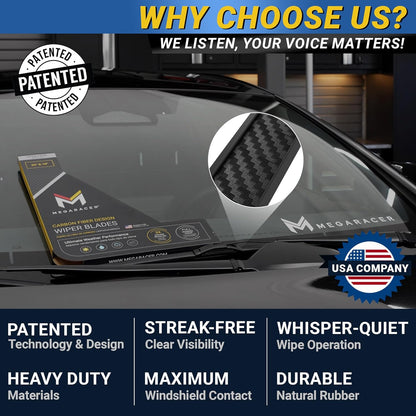 Premium Silicone Carbon Fiber Windshield Wiper Blades 22" & 20" - Patented All-Season, Quiet & Smooth Streak-Free Clean Wipe, OEM Quality, Front Automotive Replacement Wipers for Car & Truck (2 Pack)
