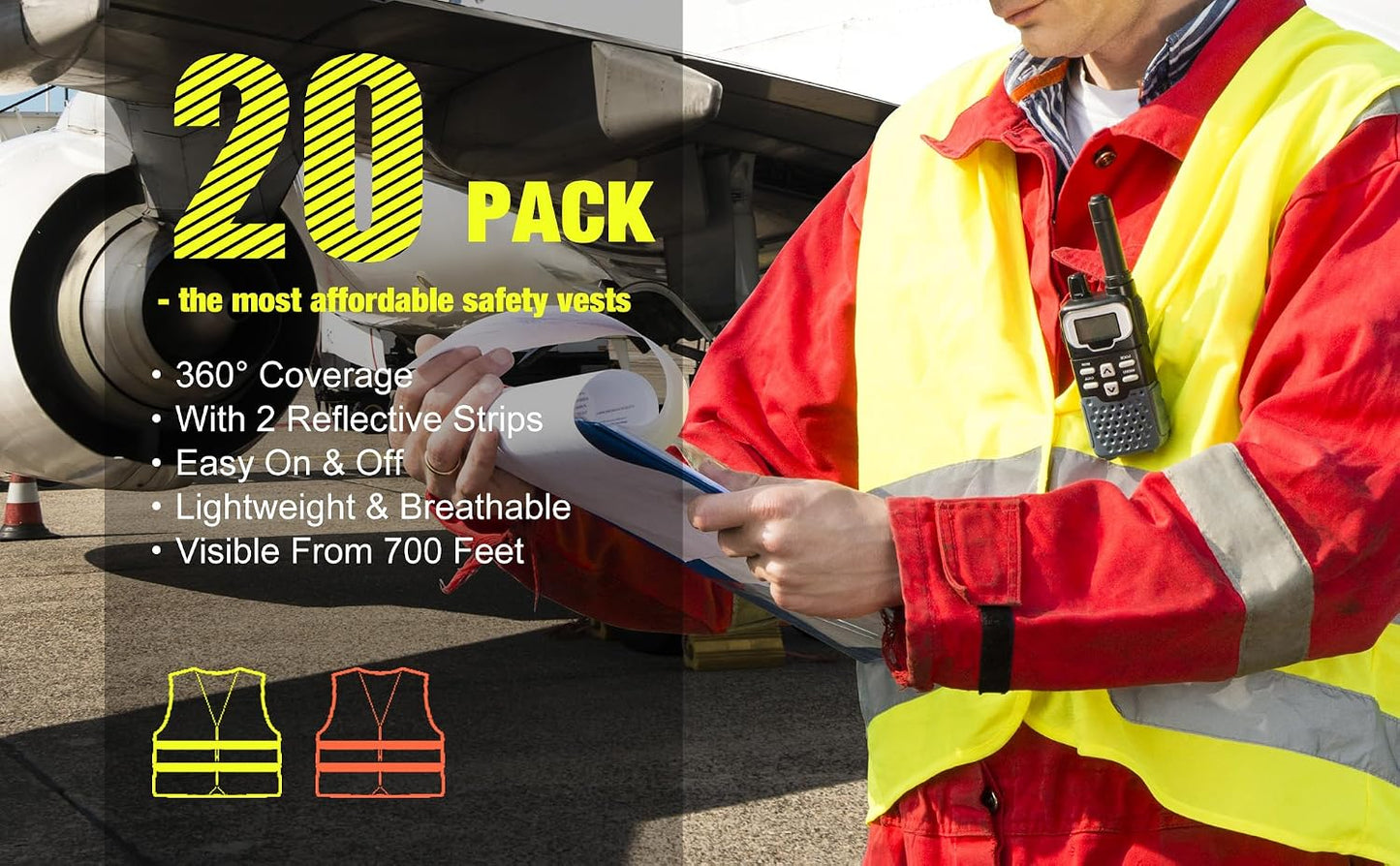 DUSKCOVE 10 Pack High Visibility Safety Vest for Traffic Work, Running, Surveyor and Security Guard - Construction Vest with 2 Reflective Strips, Made from Breathable and Neon Yellow Mesh Fabric