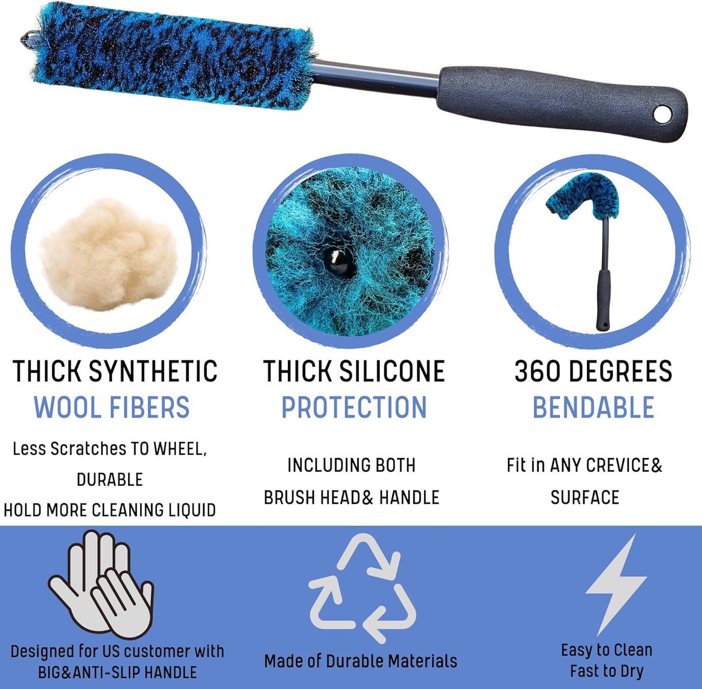 oesee Professional 4 Pack Long Handle Wheel Brush Kit for Cleaning Wheel and Tire- 2X Soft Wheel Cleaning Brush, Detailing Brush and Stiff Tire Brush, Bendable& Durable Wheel Rim Cleaner Brush Set