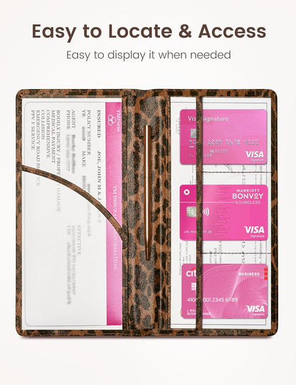 Yarnic Leopard Car Registration and Insurance Holder, Car Document Holder with Magnetic Closure, Car Organizer Vehicle Glove Box Compartment Organizer, Car wallet Case for Teens Men Women