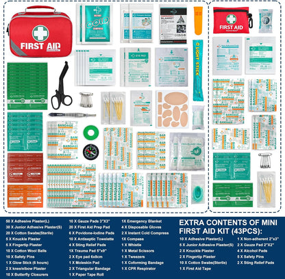 General Medi 2-in-1 First Aid Kit (215 Piece Set) + 43 Piece Mini First Aid Kit -Includes Ice(Cold) Pack, Moleskin Pad and Emergency Blanket for Travel, Home, Office, Car, Workplace