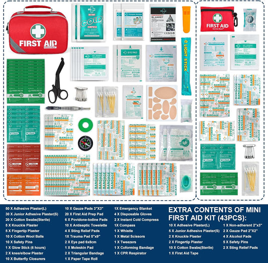 General Medi 2-in-1 First Aid Kit (215 Piece Set) + 43 Piece Mini First Aid Kit -Includes Ice(Cold) Pack, Moleskin Pad and Emergency Blanket for Travel, Home, Office, Car, Workplace