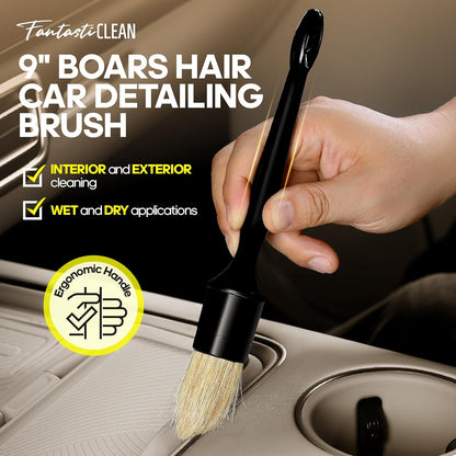 Fantasticlean 9PCS Car Interior Detailing Set, Microfiber Cloth & Applicator, Single-Head Detailing Brushes, Natural Bristles, Scratch-Free & Ultra-Soft for Seats Leather Care or Cleaning