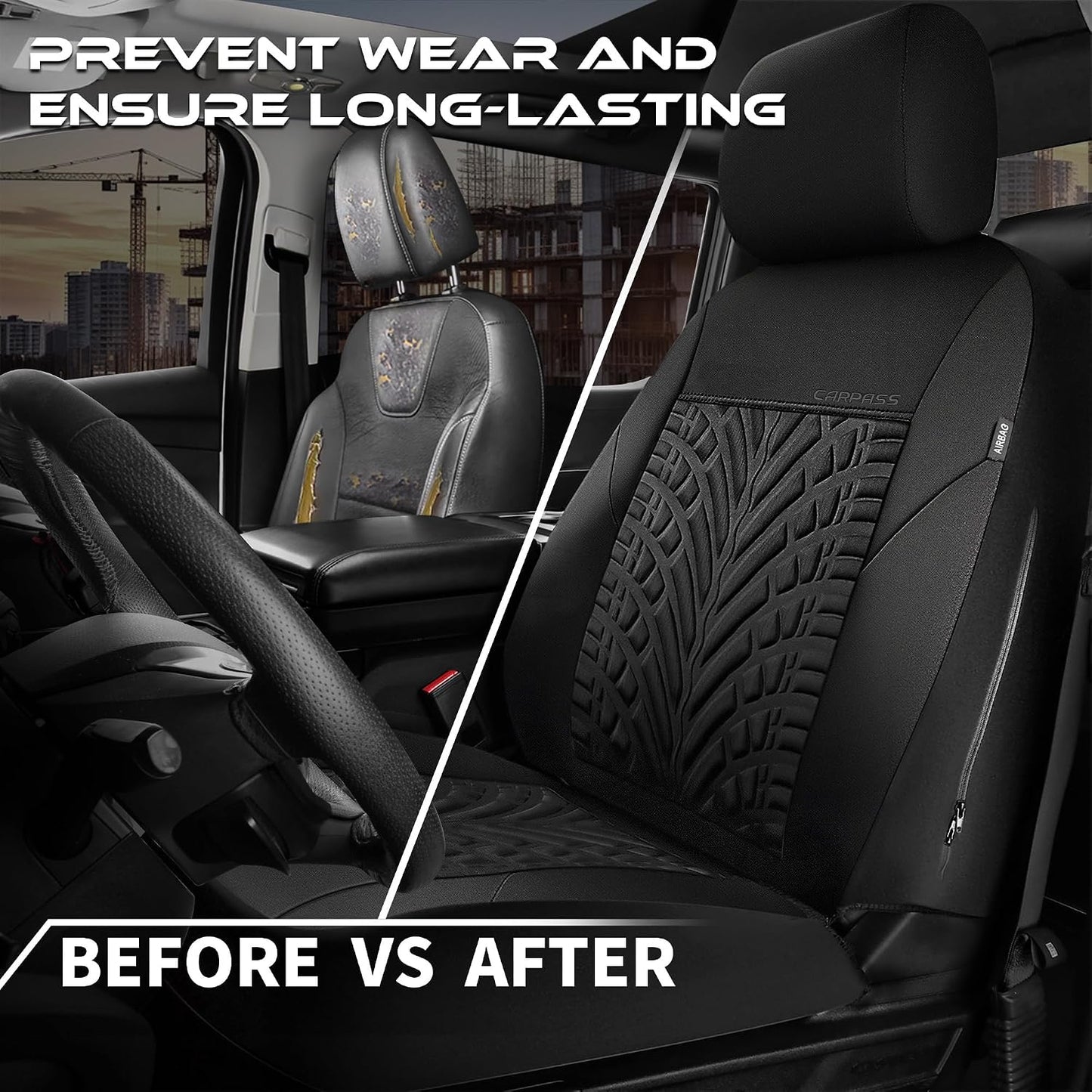 CAR PASS Car Seat Covers Full Sets, Front & Split Rear Bench for Car, 3D Tyre Embossed Automotive Interior Covers, Airbag Compatible, Quick Setup Universal Fit Seat Covers for Car, SUV(Charcoal)