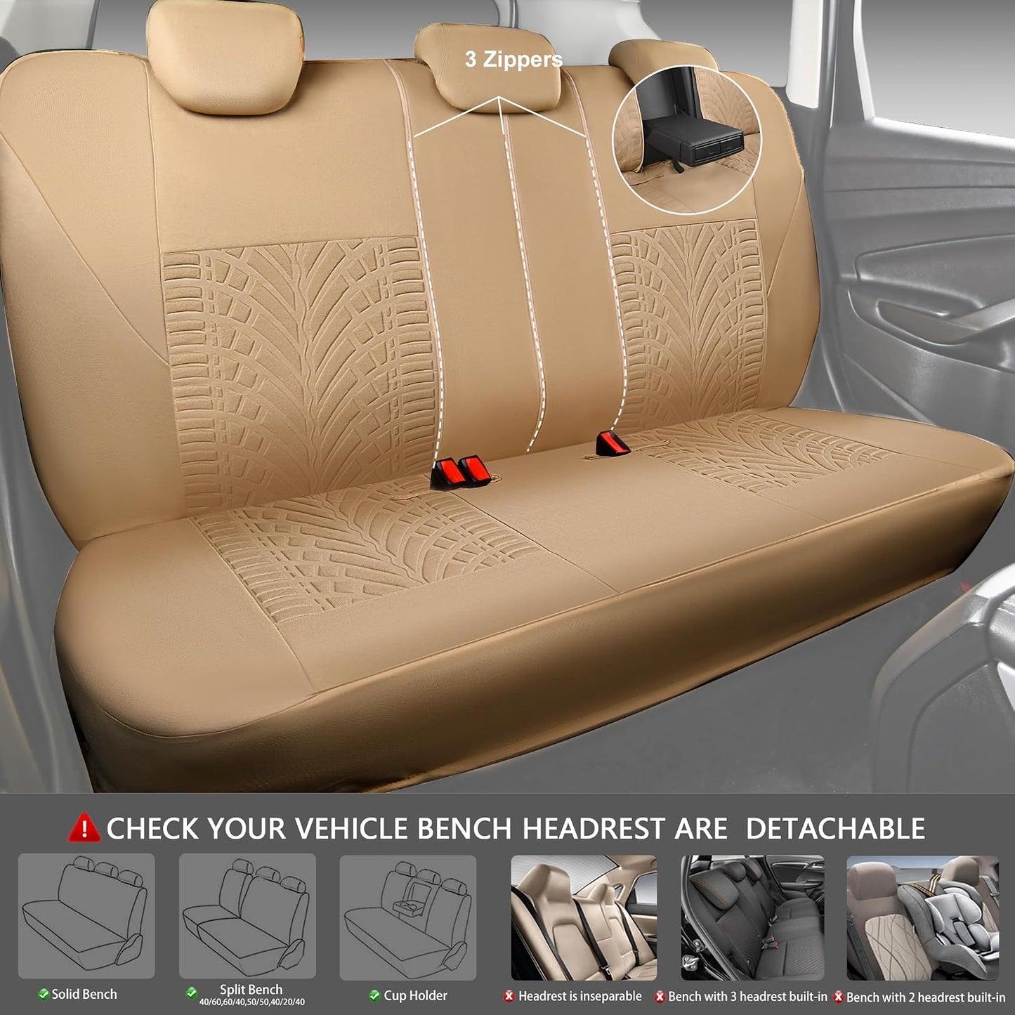 CAR PASS Car Seat Covers Full Sets, Front & Split Rear Bench for Car, 3D Tyre Embossed Automotive Interior Covers, Airbag Compatible, Quick Setup Universal Fit Seat Covers for Car, SUV(Charcoal)