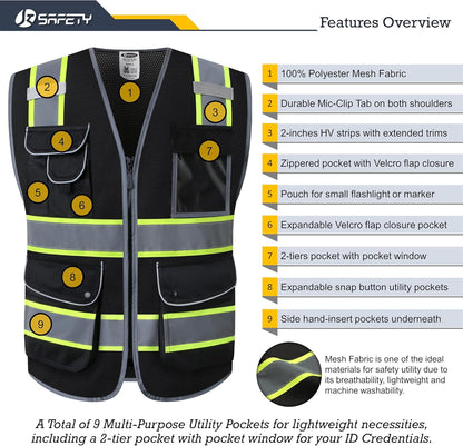JKSafety 9 Pockets Class 2 High Visibility Zipper Front Safety Vest With Reflective Strips,Meets ANSI/ISEA Standard (Large, 150-Yellow) - Colors A
