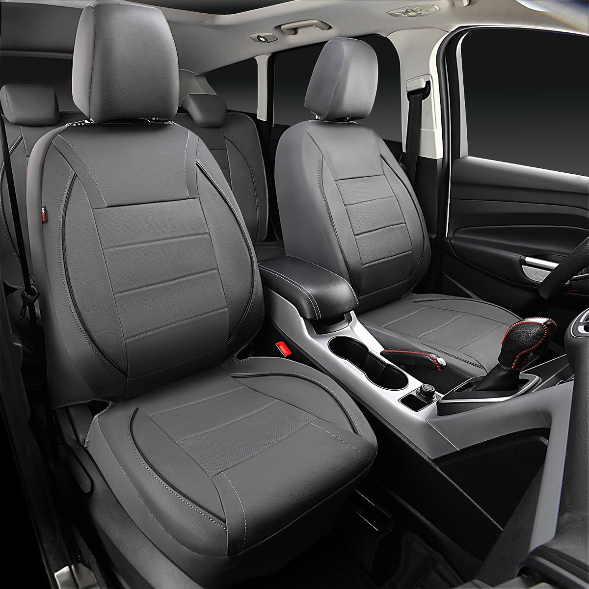 CAR PASS Universal FIT Piping Leather Two Front Seat Covers, Waterproof Faux Leather for SUV Sedan Van Truck, Airbag Compatible,Reserved Opening Holes for Headrest Covers. (Black red)