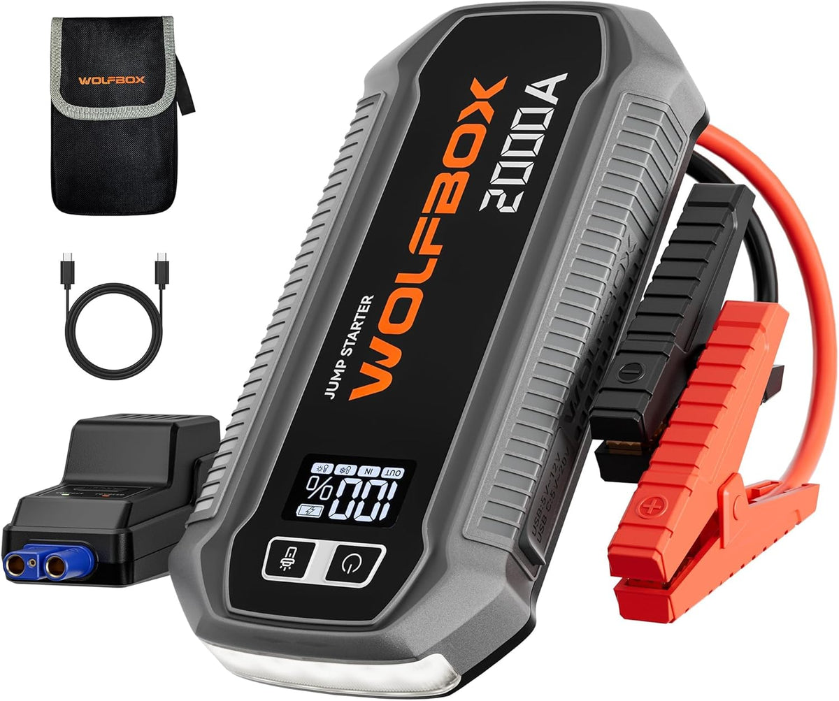 WOLFBOX 4000A Jump Starter,12V Car Battery Jumper Starter Portable with 65W Quick Charger,LED Display,88.8Wh Booster Jump Box Pack (10L Gas 10L Diesel Engine) with LED Light,Jumper Cables, MV24