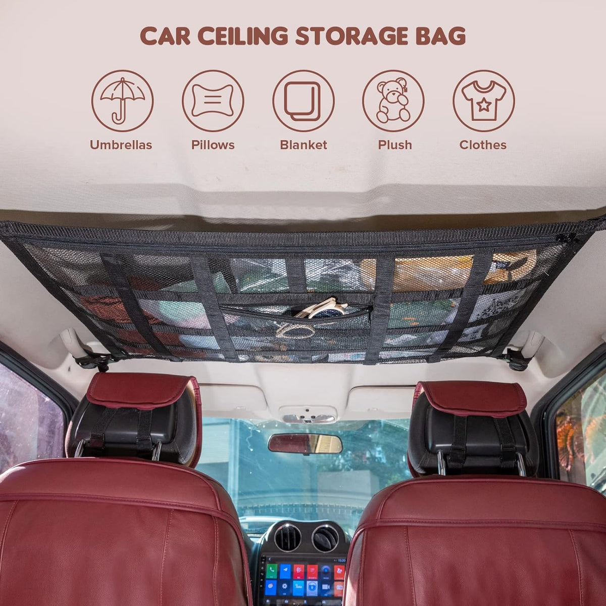 SUV Car Ceiling Cargo Net Pocket,35.4"x23.6" Double-Layer Mesh Car Roof Storage Organizer for Ford,F150,Jeep,Honda CRV,RAV4,Van Organizers and Storage,Camping Accessories