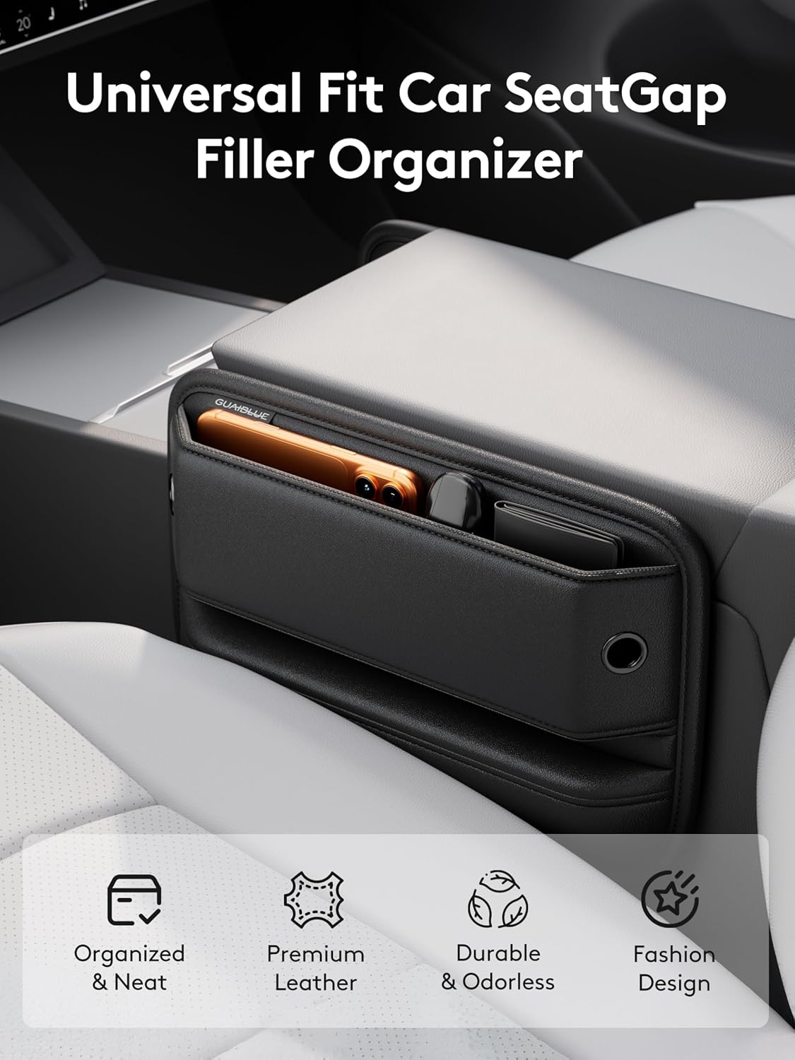 2 Pack Car Seat Gap Filler Organizer with Sun Visor Organizer, PU Leather Seat Gap Filler for Phone, Keys, Cards & Sunglasses, Front Seat Storage Side Pocket for Cars SUVs Trucks