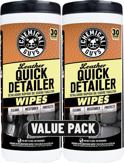 Chemical Guys Leather Quick Detailer Wipes in Canister (30 ct) (2 Pack) – Easy-Clean Conditioning Wipes for Leather Seats, Interiors & Accessories