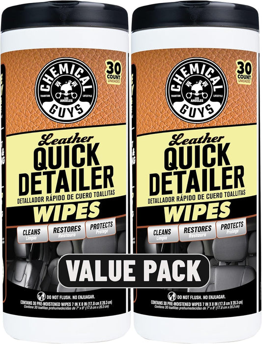 Chemical Guys Leather Quick Detailer Wipes in Canister (30 ct) (2 Pack) – Easy-Clean Conditioning Wipes for Leather Seats, Interiors & Accessories