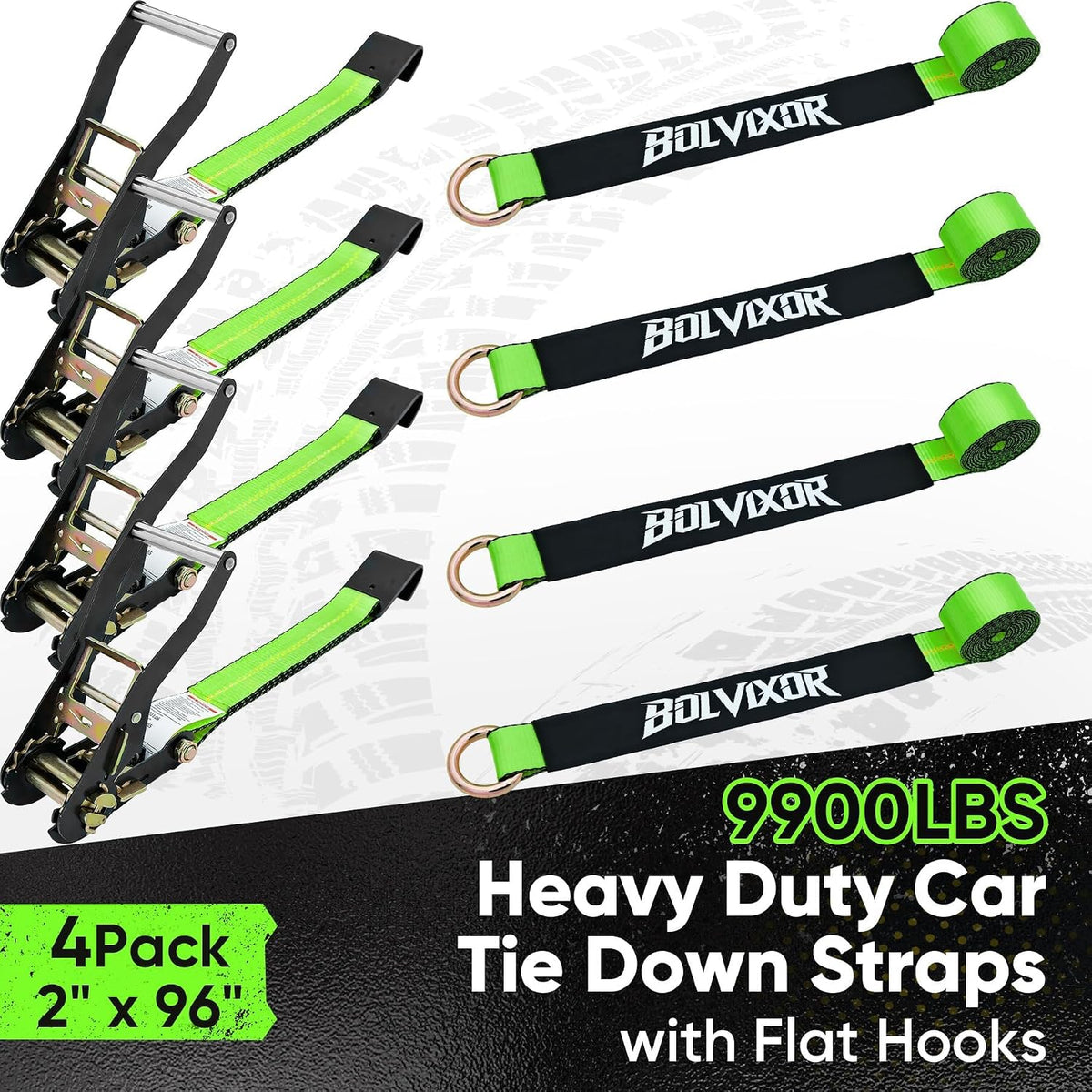 4 Pack Car Tie Down Straps for Trailers - 2" x 96" - 9900LBS Break Strength - Heavy Duty Tire Ratchet Straps with Flat Hooks for Hauling UTV, SUV, Truck, Any Cars