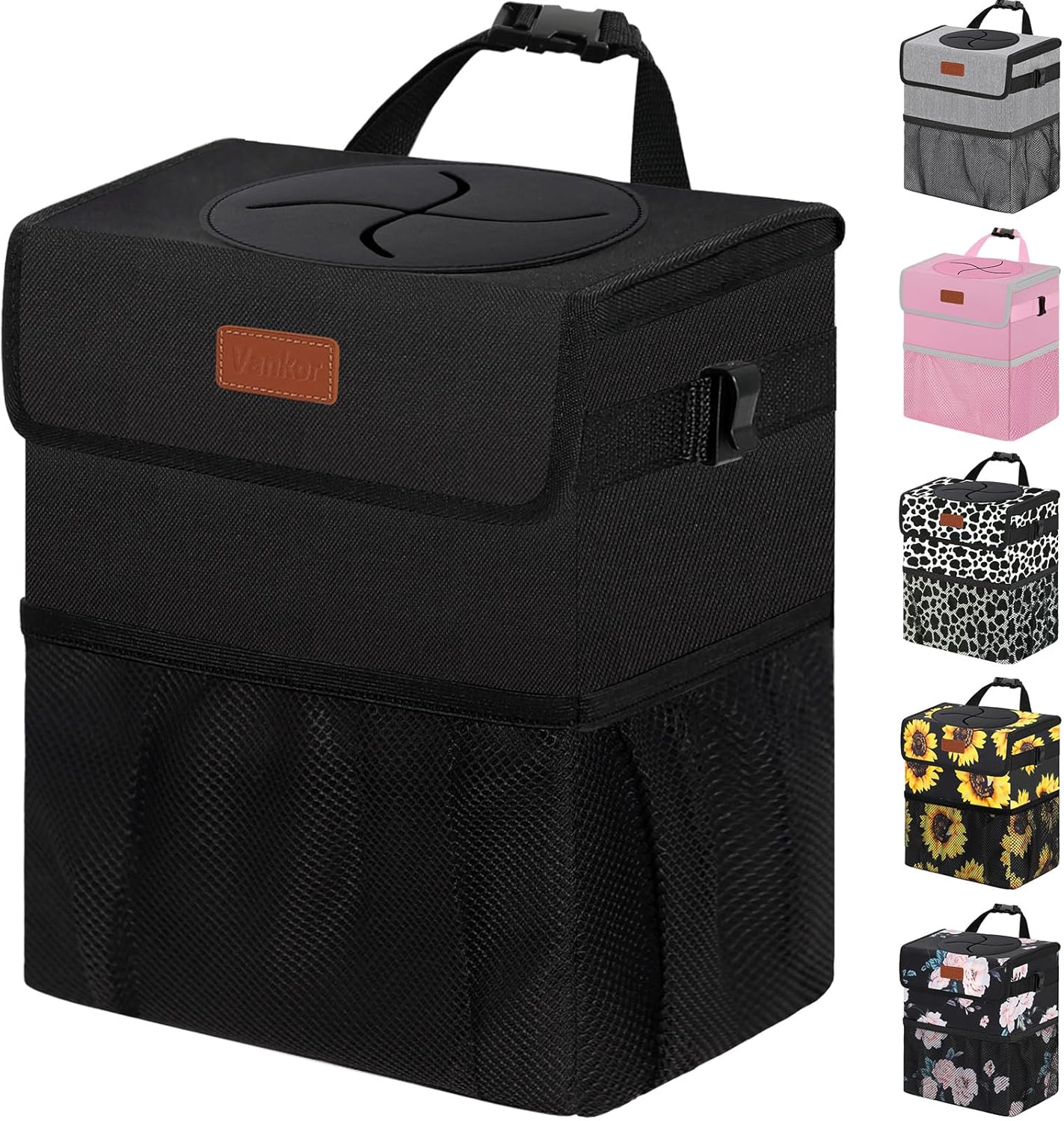 Vankor Car Trash Can Bin with Lid Hanging for Back Seat, Car Accessories for Women Men Leak Proof Automotive Garbage Cans Leakproof Vehicle Trash Can for Truck SUV Black