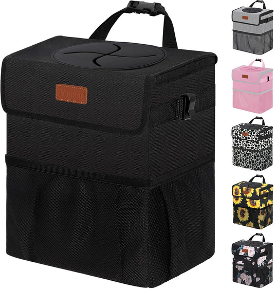 Vankor Car Trash Can Bin with Lid Hanging for Back Seat, Car Accessories for Women Men Leak Proof Automotive Garbage Cans Leakproof Vehicle Trash Can for Truck SUV Black