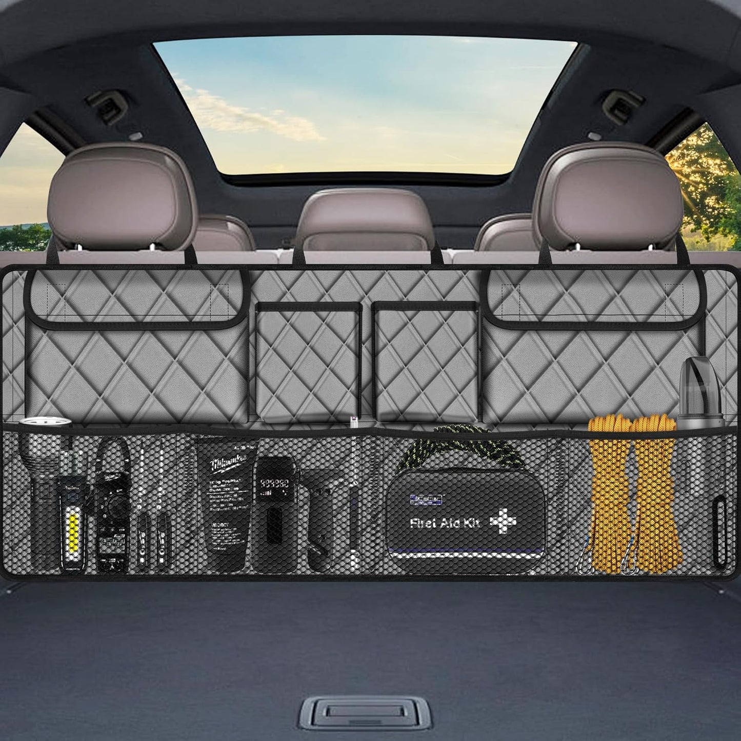 Femuar Car Trunk Organizer, Large Capacity Backseat Trunk Organizer (42"*18"), Collapsible Car Storage Bag with 8 Pockets, SUV/MPV/Truck - Black
