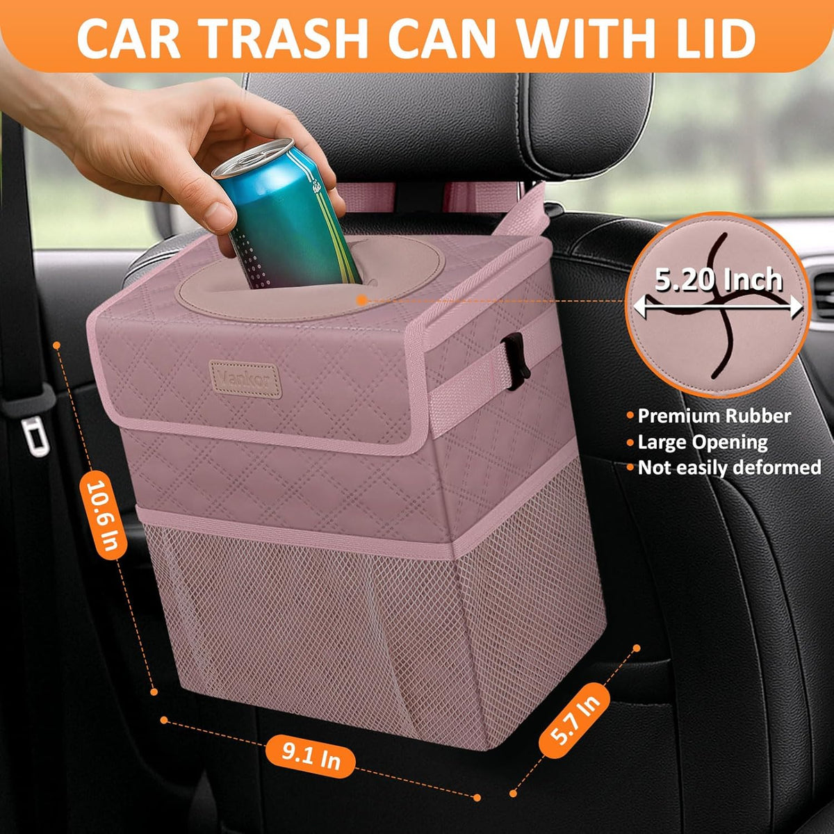 Vankor Car Trash Can Bin with Lid Hanging for Back Seat, Car Accessories for Women Men Leak Proof Automotive Garbage Cans Leakproof Vehicle Trash Can for Truck SUV Black