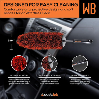 Suds Lab WB Premium Detailing Wheel Brush for All Vehicle Types – 17.7" Ultra-Soft and Scratch-Free Reusable Rim, Wheel, and Tire Brush for Deep Cleaning