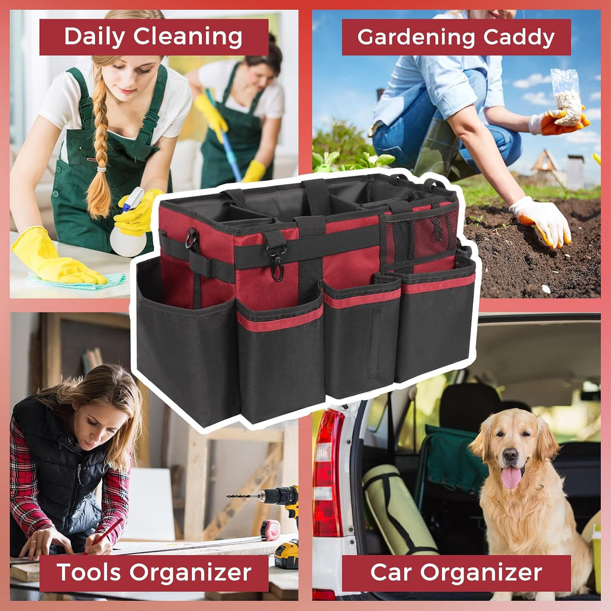 SCAVATA Wearable Cleaning Caddy Organizer with Handle & Shoulder Straps for Housekeepers, Under Sink & Car Cleaning Tool Organizer Bag with 4 Foldable Dividers (Green)