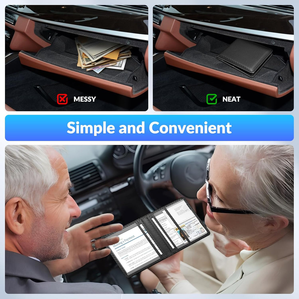Car Registration and Insurance Card Holder，Vehicle Glove Box Car Organizer，Accessories Case for Storing Driving Licences, Cards, Documents