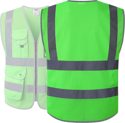 JKSafety 9 Pockets Class 2 High Visibility Zipper Front Safety Vest With Reflective Strips,Meets ANSI/ISEA Standard (Large, 150-Yellow) - Colors B