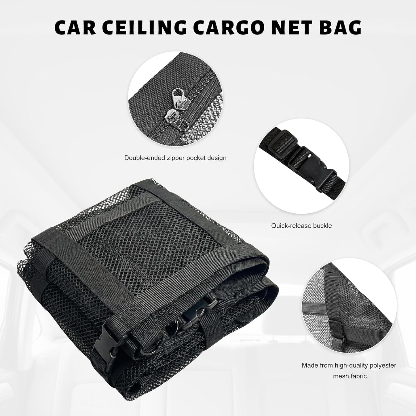 Car Ceiling Cargo Net Pocket, 31.5×20.5 Inch Double-Layer Car Roof Mesh Storage Organizer, Strengthen Load Bearing Overhead Cargo Storage Net for 4-Handle Vehicles